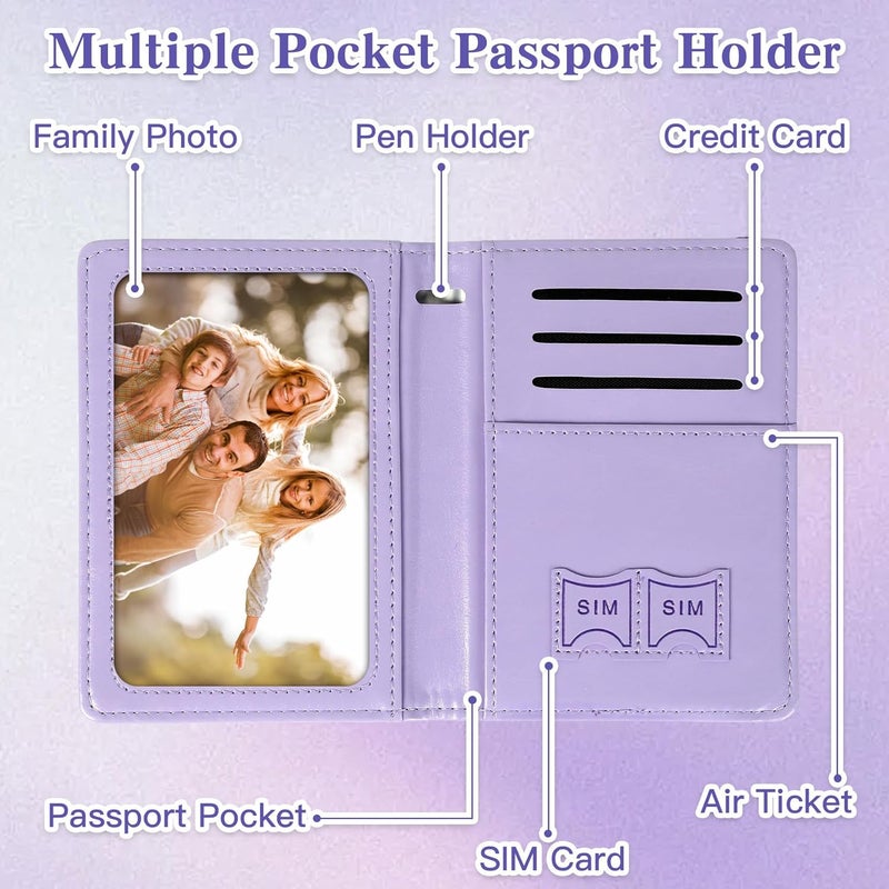 RHOttbiy Passport Holder for Travel, RFID Blocking Passport Cover with Pen Holder Leather Passport Wallet Case Travel Must Haves Accessories Passport Book Card Holder for Family Travel Essentials Gifts, Purple - Image 5